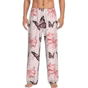 Vlinder Roze Mannen Lange Lounge Wear Broek Nachtkleding Pyjama Bottoms Nachtkleding Met Zakken En Trekkoord, Wit, S