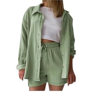 2024 Vrouwen Modieuze Casual 3 Delige Set Gerimpelde Stof Shorts Gaas Vest Vest Casual Set Vrouwelijke Street Wear (Color : Light green, Size : L)