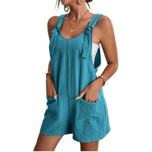 Plus Size Jumpsuit uit één stuk Gestreepte jumpsuit for dames Print Mouwloze rompertjes Verstelbare losse overall met zakken(Color:Aquamarine,Size:2XL)