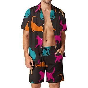 Kleurrijke Katten Silhouet Mannen Hawaiiaanse Bijpassende Set 2 Stuk Outfits Button Down Shirts En Shorts Voor Strand Vakantie