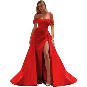 Fuomomo Elegante avondjurk voor dames, satijn, zonder bandjes, V-hals, formele jurk met gedeelde rug, MT028, Rood, 50/grote maten