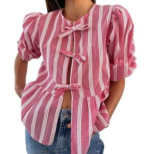 Vrouwen Tie Front Tops Puff Sleeve Babydoll Shirts Y2K Leuke Ruffle Peplum Uitgaan Top Blouse Trendy Kleding (Color : Red stripes D, Size : X-Large)