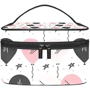 Luxe tropisch gouden bladeren patroon make-up tas voor vrouwen meisjes cosmetische tassen met handvat reizen make-up organizer tas, Roze & Zwart Ballon Patroon, 8.9x5.9x5.4 Inches, Make-up zakje
