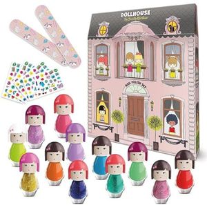 beauty4britain Kindernagellak Set 12 Niet-giftige Afpelbare Nagellakken 2 Nagelvijlen & Nagelstickers Sneldrogende Geurige Nagellak