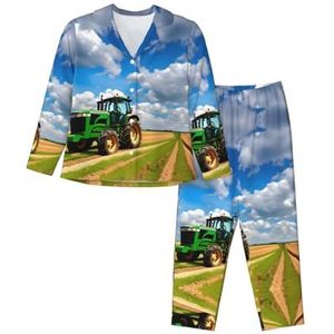 JEJEA Tractor onder blauwe hemel en witte wolken print Comfy 2 Stuk Nachtkleding Lounge Set Pyjama Set Lange Mouw Nachtkleding Nachtkleding Nachtkleding, Zwart, S