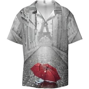 TyEdee Eiffeltoren Parijs Straat Rode Paraplu Print Heren Korte Mouw Jurk Shirts Met Zak Casual Button Down Shirts Business Shirt, Zwart, XL