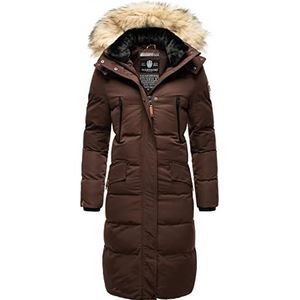 MARIKOO Sneeuwsterntje Winterjas voor dames, warme gewatteerde jas, lang met afneembaar kunstbont en capuchon, XS - XXL, Dark Choco., L