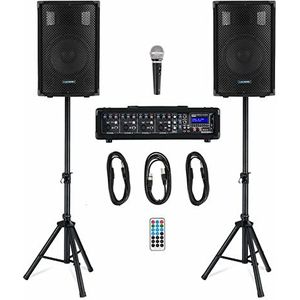 McGrey BP-210 Bandpack PA-systeem 100 Watt - 4-kanaals powermixer - Digitale nagalm - Bluetooth - USB/SD-sleuf - 2-weg luidspreker met 10"" woofer en hoorn - Inclusief microfoon, statieven en kabels