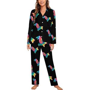 Tie Dye Corgi dames lange mouw button down nachtkleding zachte nachtkleding lounge pyjama set XL