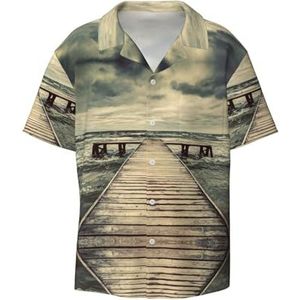 OdDdot Coastal Pier Print Heren Overhemden Atletisch Slim Fit Korte Mouw Casual Business Button Down Shirt, Zwart, 4XL