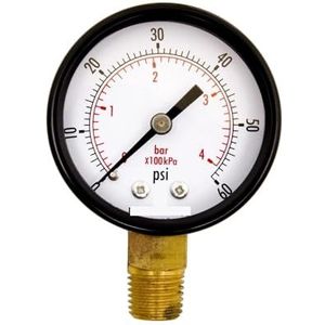 2 inch service-manometer, 1/4 inch NPT-onderstoel, zwarte stalen behuizing, 0-60 psi