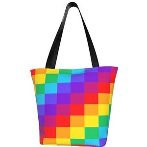 BeNtli Schoudertas, canvas draagtas grote tas vrouwen casual handtas herbruikbare boodschappentassen, regenboog geruit patroon, zoals afgebeeld, Eén maat