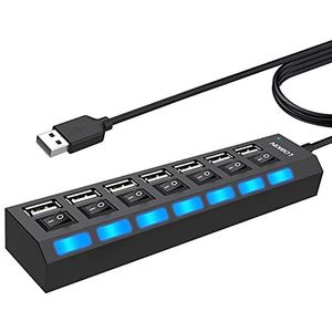 LOBKIN USB Hub 7-poort,USB 2.0-gegevens met individuele aan/uit-schakelaars en verlichting Draagbare uitbreiding voor pc-laptop Meer