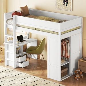 Idemon Hoogslaper 90 x 200 cm, multifunctioneel kinderbed met kledingkast, bureau en laden, tienerbed en bed voor volwassenen (wit)