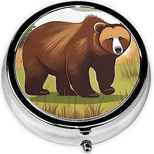 Bruine beer wandelen & * pillendoos, kleine pillendoos voor portemonnee en zak, metalen ronde medicijnorganisator, reizen, 3 compartimenten pillendoos.