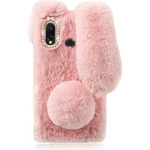 Mikikit Roze konijntje pluizig hoesje voor Samsung Galaxy A40, schattig konijnenbont pluche knuffeldier telefoonhoesje voor meisje kinderen cadeau, zachte doorzichtige hoes schokbestendige harige