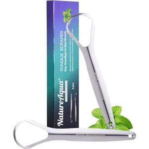 Tongreiniger roestvrij staal (2 stuks), 100% beste antimicrobieel materiaal, stabiele handgrepen, tongreiniger, tongschraper tegen slechte adem (enkele laag)