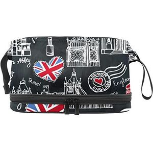 Multifunctionele opslag reizen cosmetische tas met handvat, Engeland Londen symbolen zwart, grote capaciteit reizen cosmetische tas, Meerkleurig, 27x15x14 cm/10.6x5.9x5.5 in