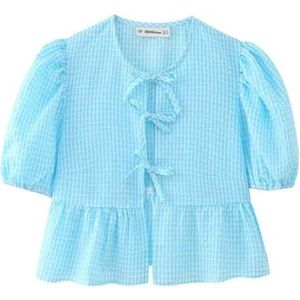 Vrouwen Tie Front Tops Puff Sleeve Babydoll Shirts Y2K Leuke Ruffle Peplum Uitgaan Top Blouse Trendy Kleding (Color : Sky Blue C, Size : X-Small)