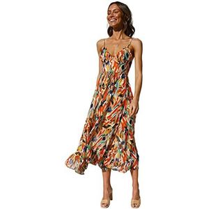 Jurken voor dames mouwloos, katoenen zomer strandjurk, spaghettibandjes overgooiers, v-hals stropdas casual ruche jurk, print vloeiende strand lange jurk(Size:M maat,Color:oranje)