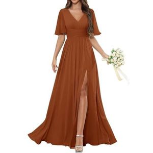 HPPEE Damesjurk met korte mouwen en V-hals, chiffon, bruidsmeisjesjurk met split en plooien, lange formele avondjurk, Verbrand Oranje, 32