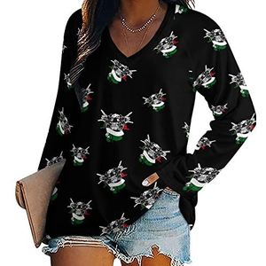 Italy Rock Skull Dames Lange Mouw V-hals T-shirts Herfst Tops Trui Tuniek Tee voor Leggings