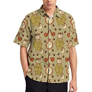 Kat in pak, pijp, Hawaiiaans shirt voor heren, zomer, strand, casual, korte mouwen, button-down shirts met zak
