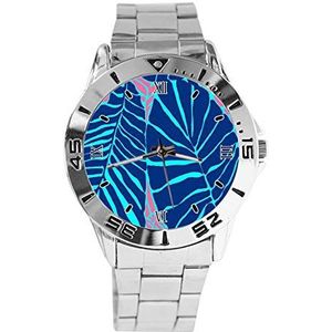 Leaf Prints Mode Heren Horloges Sport Horloge Voor Vrouwen Casual Rvs Band Analoge Quartz Horloge, Zilver, armband