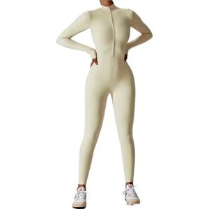 Huidnauwsluitende eendelige kleding, yoga-pak, lange mouwen, sportkleding voor dames, jumpsuits met ritssluiting, training, hoge intensiteit fitness (abrikoos, XL)