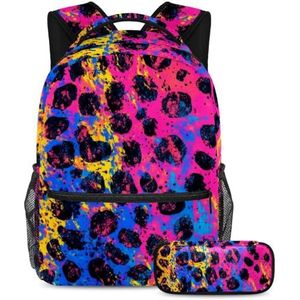KengjuTesu 2-delige rugzakset jongens en meisjes, grote capaciteit schooltas met luipaardprint en etui, perfecte dagrugzak voor studenten, tieners, reizen en wandelen, Multi kleuren 5, Eén maat