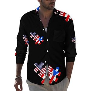 US En Puerto Rico Vlag Puzzel Heren Revers Lange Mouw Shirt Button Down Print Blouse Zomer Pocket Tees Tops 2XL