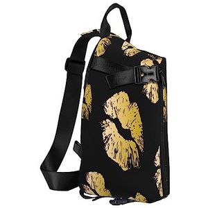 Sling Rugzak Borsttas Tropische Boom Roze Anti Diefstal Crossbody Schoudertas Dagrugzak Outdoor Sport Reizen Wandelen voor Mannen Vrouwen, Gouden Lippen, Crossbody Backpack