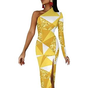 Abstracte geometrische jurk met gouden halflange mouwen voor dames, avondfeest, lange jurken, cocktailjurk, split, bodycon jurk, L