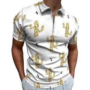 Gouden cactussen poloshirt voor heren, casual T-shirts met ritssluiting en kraag, golftops, slim fit