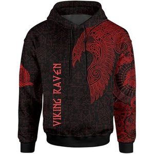 3D All Over Printed Viking Raven Tattoo Hoodie Pullover, Casual Lichtgewicht Sweatshirts Noorse Myth Kleding(Red,5XL)
