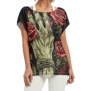 Red Rose Cool Abstract Art Dames Korte Batwing Mouw Shirt Ronde Hals T-shirts Losse Tops voor Meisjes, Patroon, S
