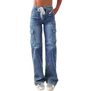 Sawmew Baggy Cargo-jeans voor Dames met Zakken Y2K Jeans met Wijde Pijpen Middelhoge Taille en Trekkoord Blauw Gewassen Boyfriend Hiphop Lange Werkbroek Denim Vrijetijdsbroek(Dark Blue,S)