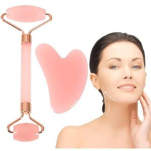 FiTspi Gua Sha & Jade Roller Kit, Rozenkwarts Roller met Guasha Stone, huidverzorgingsgereedschap voor vrouwen, gezichtsmassageroller voor gezicht, oog, nek, verlicht fijne lijntjes en verstevigende