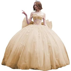 Fuomomo Quinceanera-jurk met dunne bandjes en vlinderglitter, Quinceanera-jurk met vlinders en grote strik, baljurk van kant met parels MT053, Champagne, 30 NL