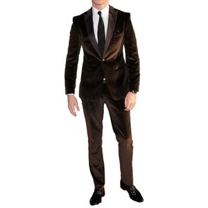 Fluwelen smokingpak voor heren, slanke pasvorm, 2-delige fluwelen jas en broekpak met piekrevers, donkerbruin, XS