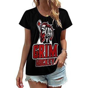 Grim Skull Hockey Dames V-hals T-shirts Leuke Grafische Korte Mouw Casual Tee Tops L