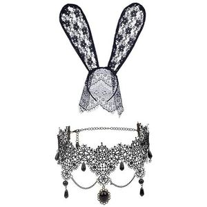 Vintage Gothic konijnenoren hoofdband met kanten choker voor Halloween mode, Kunstleer, Geen edelsteen