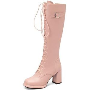 Dames Kniehoge Laarzen Met Gesp, Klassieke Veterlaarzen, Platformlaarzen Met Lange Schacht Met Ritssluiting, PU-leren Hoge Laarzen Met Blokhak, Winterwarme Pluche Snowboots (Color : Pink, Size : 39