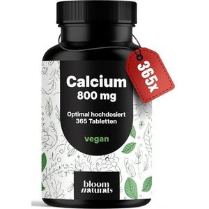 Calciumtabletten, hooggedoseerd, 365 tabletten, 800 mg calcium per dag, hoge dosis, 182 dagen voorraad, veganistisch en geproduceerd in Duitsland, laboratoriumgetest, verpakking kan variëren