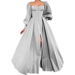 WSEYU Satijnen bruidsmeisjesjurk voor dames, met split, galajurken, plooien, cocktailjurk, grote maten, Zilver, 32