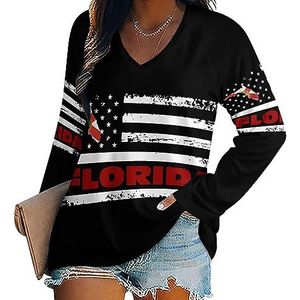 Vintage Florida Amerikaanse vlag vrouwen casual lange mouw T-shirts V-hals gedrukte grafische blouses Tee Tops S