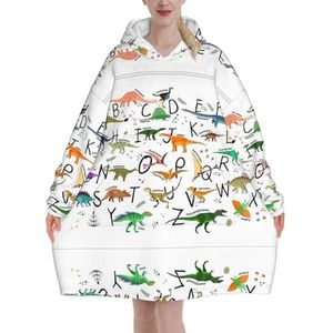Stijlvolle Leren Alfabetten Met Dinosaurussen Vrouwen Sherpa Sweatshirt Deken Verlengt Warm Gezellige Oversized Draagbare Pocket Hoodie Volwassenen