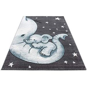 Muratap Vloerkleed Kids Olifant Blauw - Laagpolig Tapijt Kindervloerkleed Babykamer, Kinderkamer, Speelkamer OEKO-TEX Gecertificeerd - Maat: 80x150 cm