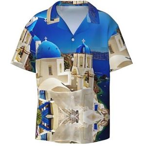 OdDdot Santorini Grieks eiland zeezicht print herenoverhemden atletisch slim fit korte mouw casual zakelijk overhemd met knopen, Zwart, 4XL