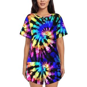 YQxwJL Exotische Stam Tie Dye Stijl Print Vrouwen Pyjama Sets Shorts Korte Mouw Lounge Sets Nachtkleding Casual Pjs Met Zakken, Zwart, XXL